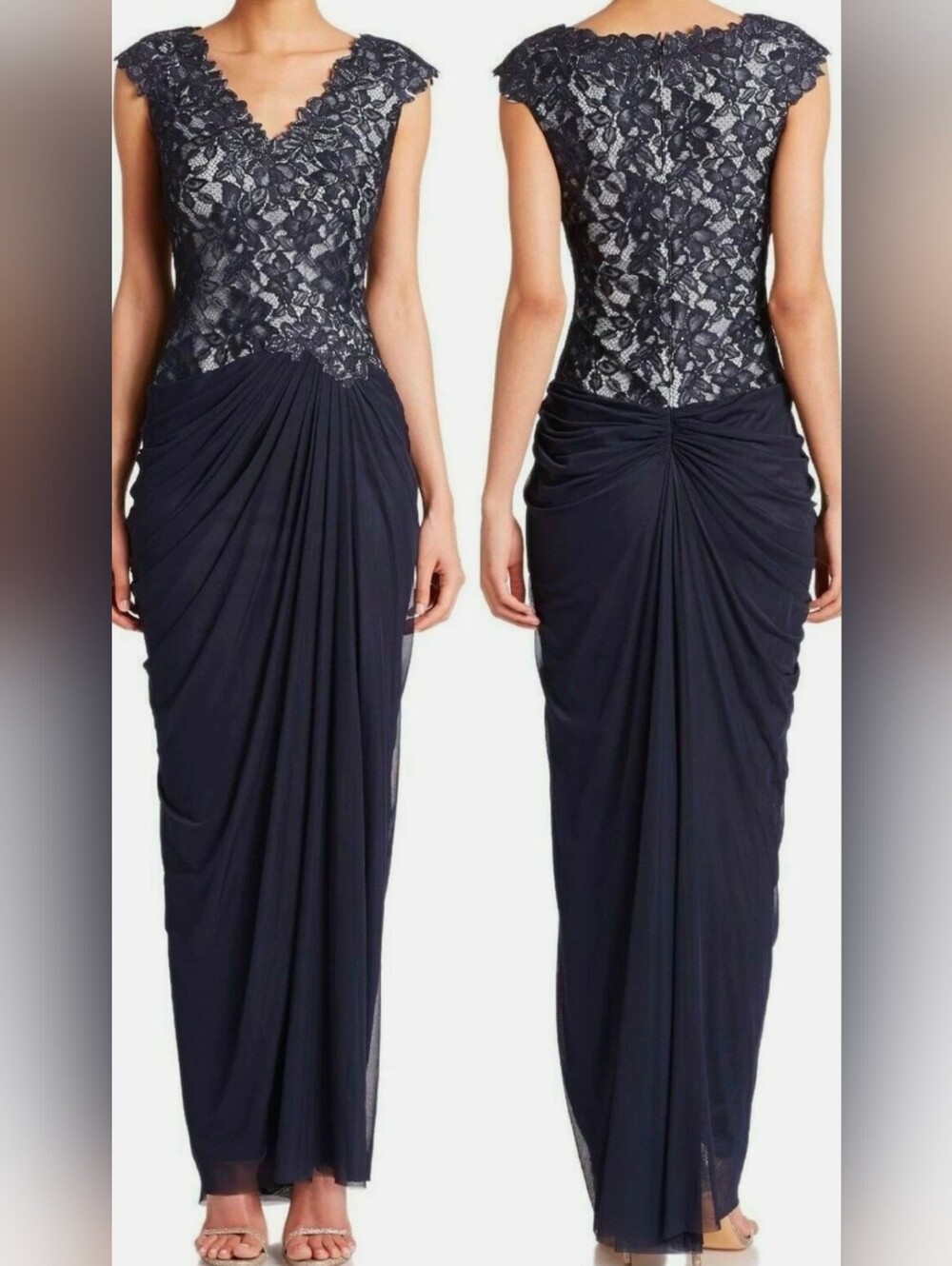 Tadashi Shoji Navy Lace V-Neck Evening Dress